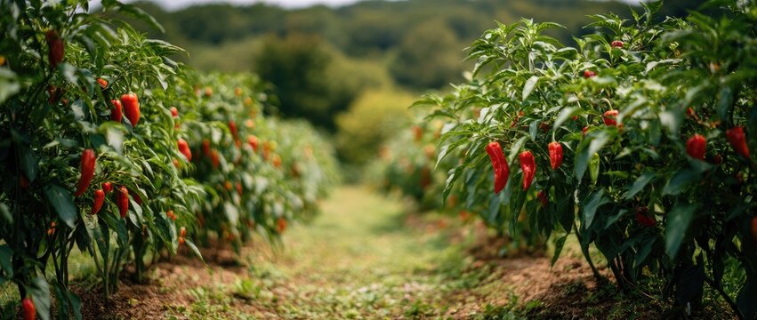A sunlit pathway winds through rows of ripe red peppers on lush green plants