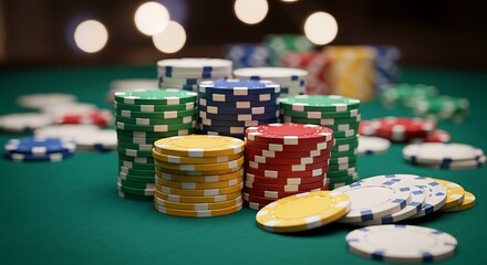 Fototapeta premium Stacked poker chips in various colors sit on a green felt table with blurred background lights