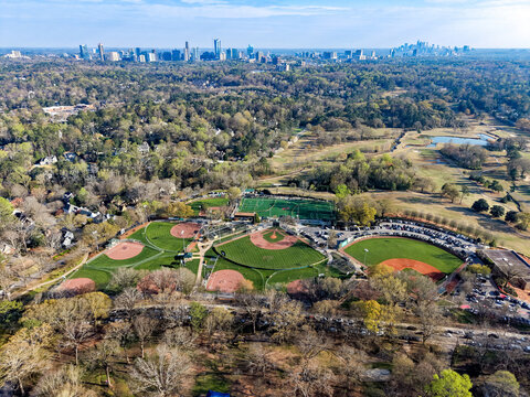 Aerial Drone View of Chastain Park Baseball Fields with Buckhead Skyline Atlanta Georgia