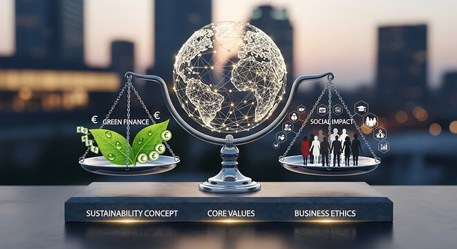 Sustainability concept featuring a digital wireframe globe balanced on a glass scale representing the equilibrium between green finance and social impact for a prosperous future.