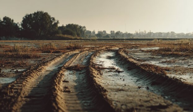 Muddy tire tracks carve through dry, grassy field under soft light