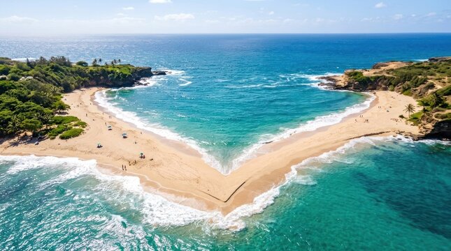 A picturesque beach scene with a heart-shaped sandbar extending into the ocean.