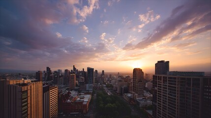 Fototapeta premium Vibrant city skyline bathed in the warm glow of a colorful sunset seen from above