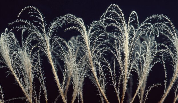 Delicate, feathery plumes sway rhythmically against a dark background