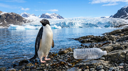 Obraz premium Close-up of a penguin swimming in the clear blue ocean next to an empty plastic bottle floating around, highlighting the pollution of nature and the global waste crisis in a pristine environment