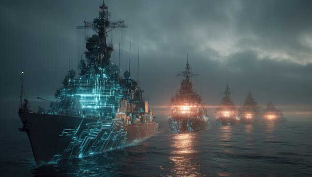Futuristic holographic warships glide through dark, misty ocean waters