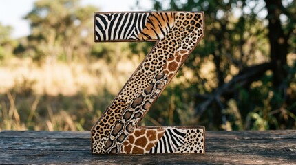 Obraz premium A wooden letter Z with a zebra and leopard print pattern on it, placed on a wooden surface with a blurred natural background.