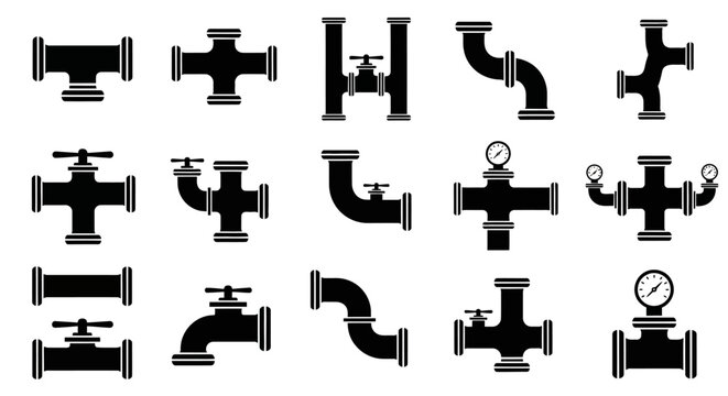 Set of diverse industrial pipe fittings and connectors in black silhouette on isolated white background.