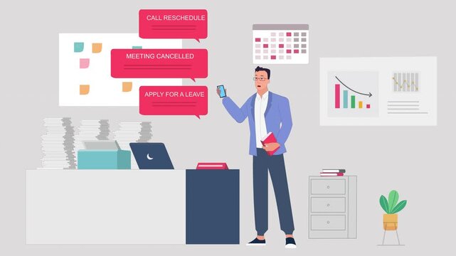 Animation of Overwhelmed Office Worker Managing Cancelled Meetings and Leave Requests 
