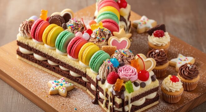 A multi-layered cake with colorful macarons and other desserts on a wooden board.