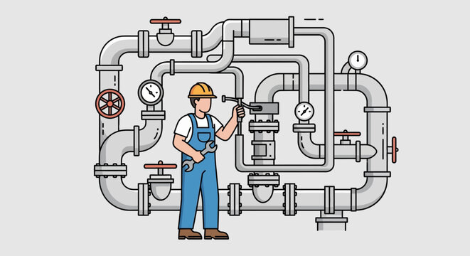 Cartoon Plumber or Technician Working on Industrial Pipe System with Valves and Gauges in Light Studio