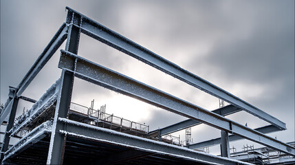 Naklejka premium Industrial strength steel I-beams create a robust framework for a large commercial building construction site under a dramatic winter sky