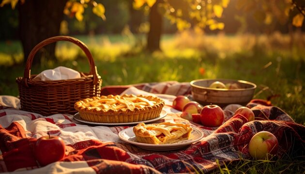 Autumn Cottagecore Picnic with Quilt Blanket and Apple Pie in Orchard Shade