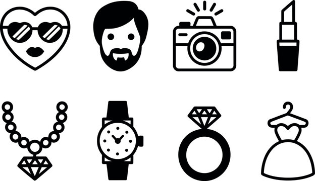 A collection of fashion and lifestyle icons including a heart with sunglasses a mans face a camera lipstick a necklace a watch a ring and a dress