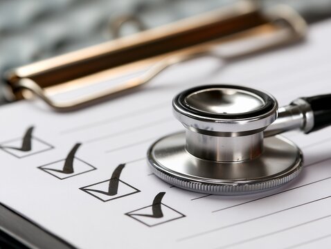 医療用チェックリストの横に置かれた聴診器とクリップボードのクローズアップ写真