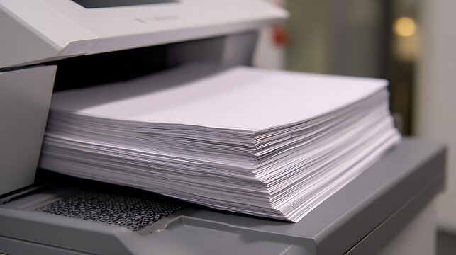 Close-up of a large stack of clean, blank white paper sheets emerging from a modern office copier or printer machine, ready for collection