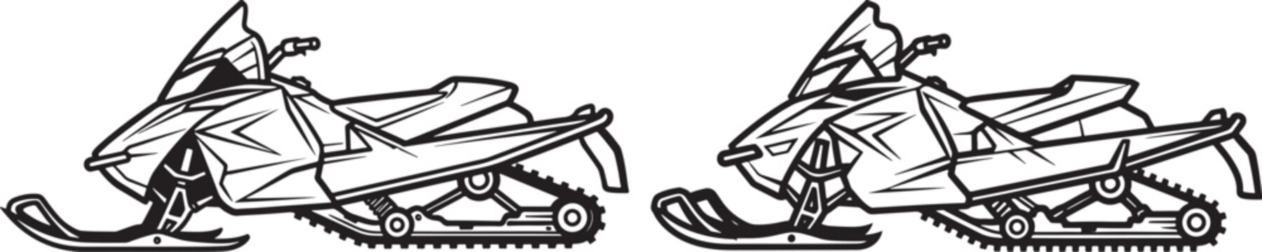 Two snowmobiles parked side-by-side, shown in a detailed outline drawing, representing winter sports or recreational vehicles, Black And White