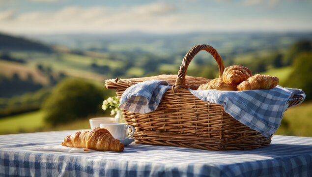 A picnic basket overflowing with golden croissants rests on a checkered cloth