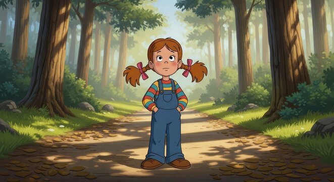 Cartoon Illustration of a Young Girl with Pigtails in Overalls Standing on a Forest Path