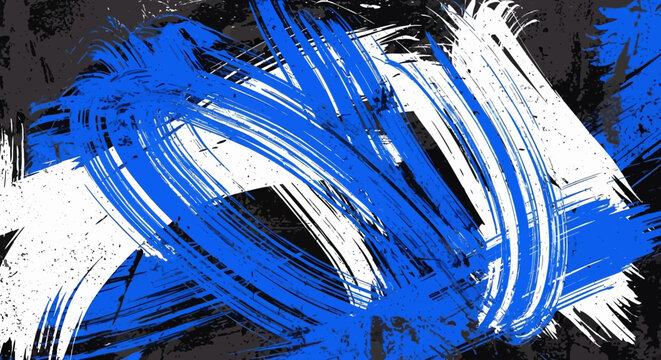 A blue and white abstract painting with black background