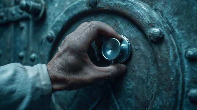 Burglar using a stethoscope on a safe door. Close-up of a male hand holding a stethoscope to a metal safe surface, lockpicking and safe cracking concept, crime and security theme.