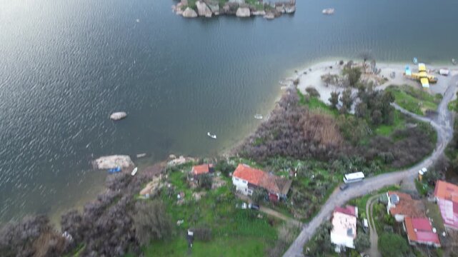 Panoramic View of Ancient Monastery Ruins on Bafa Lake Island at Dawn. High quality 4k footage