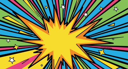 Fototapeta premium Vibrant comic book explosion in colorful dynamic illustration with stars for graphic design