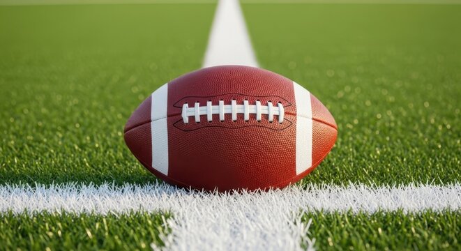 Closeup of an american football resting on a vibrant green field with white yard lines, symbolizing the sport and competition