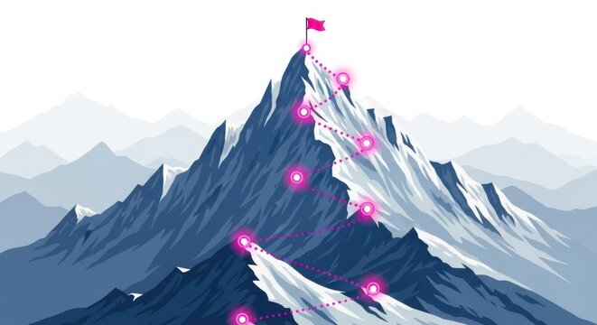 A winding pink path with glowing markers leads to the summit of a snowcapped mountain, topped with a red flag