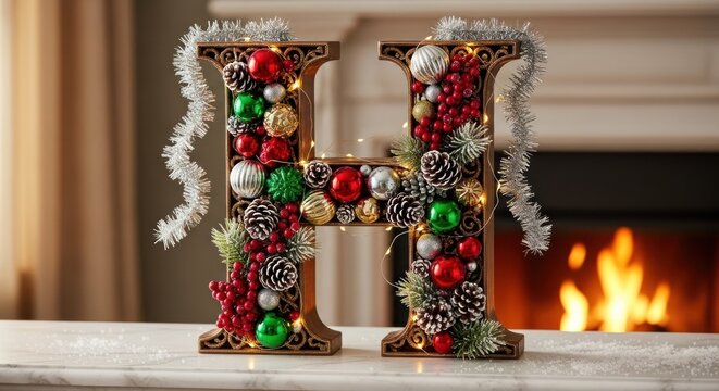 Two ornate wooden letters H and I, adorned with holiday decorations, stand on a marble table in front of a fireplace.
