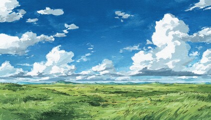 Obraz premium Vast Green Meadow Under a Dramatic Blue Sky with Fluffy White Clouds.
