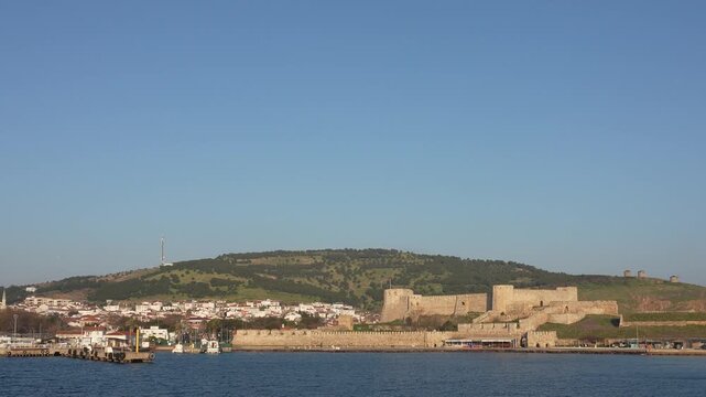 Panoramic View of Bozcaada Island Harbor and Historical Fortress - Coastal Town Landscape of Tenedos on Aegean Sea - Canakkale, Turkey. High quality 4k footage
