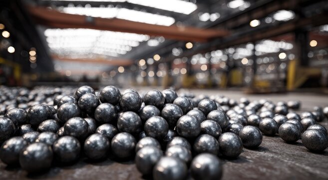 Pile of metallic spheres in a large, industrial workshop setting