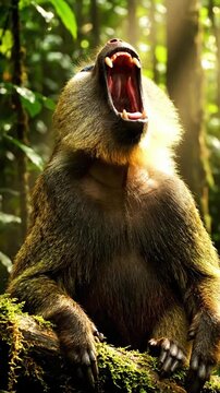Mandrill yawning in the rainforest showing its teeth and facial features during a sunny moment