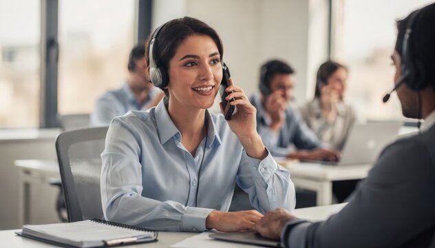 Call agent in education sector attentively discussing course options with a potential student with a softfocus team behind.