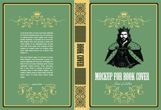 076-17-Ornate vintage fantasy book cover mockup with a regal king character wearing a crown