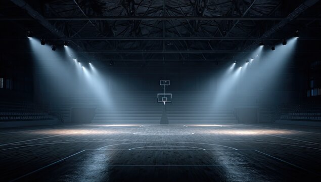 Empty Basketball Court Illuminated by Dramatic Stage Lights.