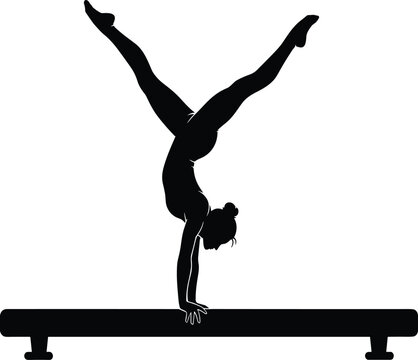 Black silhouette gymnast performing handstand split on balance beam, athletic vector artwork symbolizing strength, balance, flexibility, and artistic gymnastics