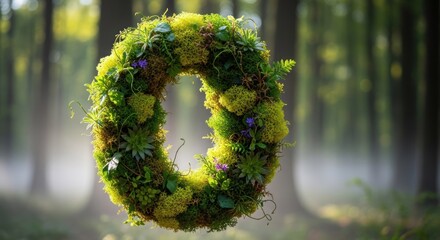 Obraz premium A green mossy wreath hanging in a forest setting.