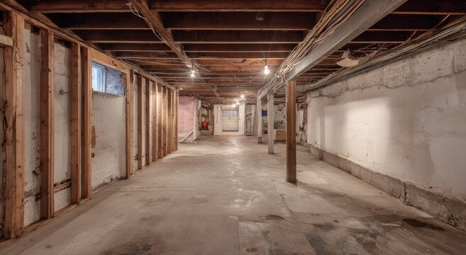 Unfinished concrete basement with exposed wooden beams and framing