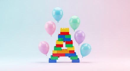 Obraz premium A colorful, lego-like structure with balloons in the background.