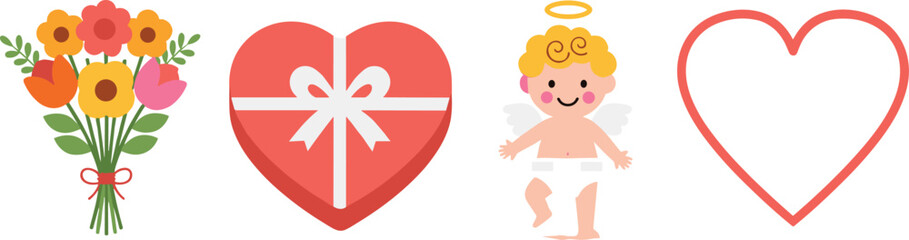 Naklejka premium Valentine Love Elements Set with Flower Bouquet, Heart Gift Box, Cupid Angel, and Romantic Heart Outline Vector Illustration