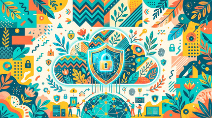 Fototapeta premium Text-free colorful art of cloud security and networking. Ideal for tech company landing pages, infographics, and slide decks.