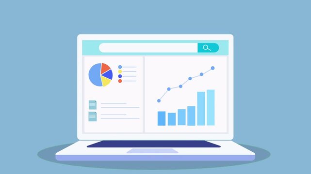 Flat animation of a laptop dashboard with pie chart, bar chart, minimal data list panel, and rising line graph, representing clean data analytics and business growth tracking.