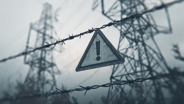 Barbed wire and warning sign in front of power pylons under a cloudy sky