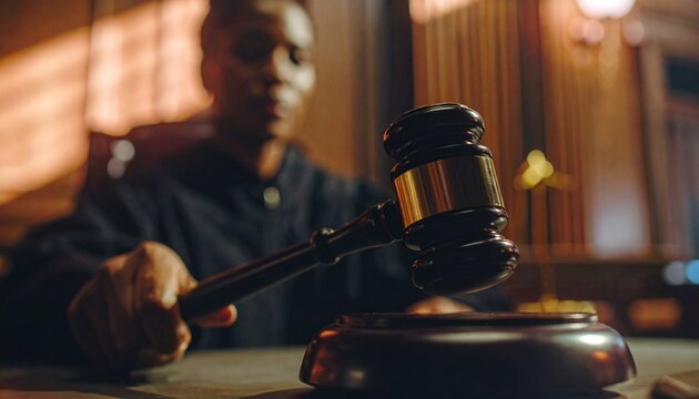 Judges gavel strikes the block to announce a verdict in the courtroom.