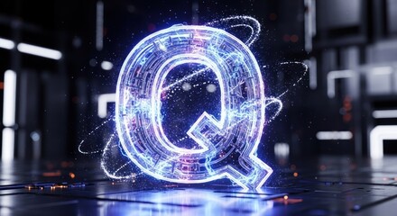 Fototapeta premium A glowing, futuristic letter Q in a dark, industrial setting with glowing lines and circles around it.