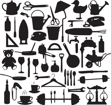Large assortment of household item silhouettes containing kitchenware garden tools toys and miscellaneous everyday equipment