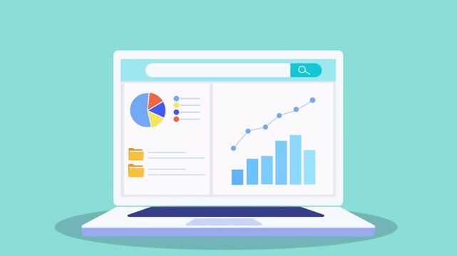 Flat animation of a laptop dashboard with pie chart, bar chart, task panel blocks, and rising line graph, representing data analytics, task tracking, and business growth.