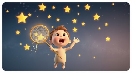 Fototapeta premium Baby joyfully attempts catching stars using net. Nighttime scene evokes wonder, dreams, childhood innocence. Bright colors dominate composition.